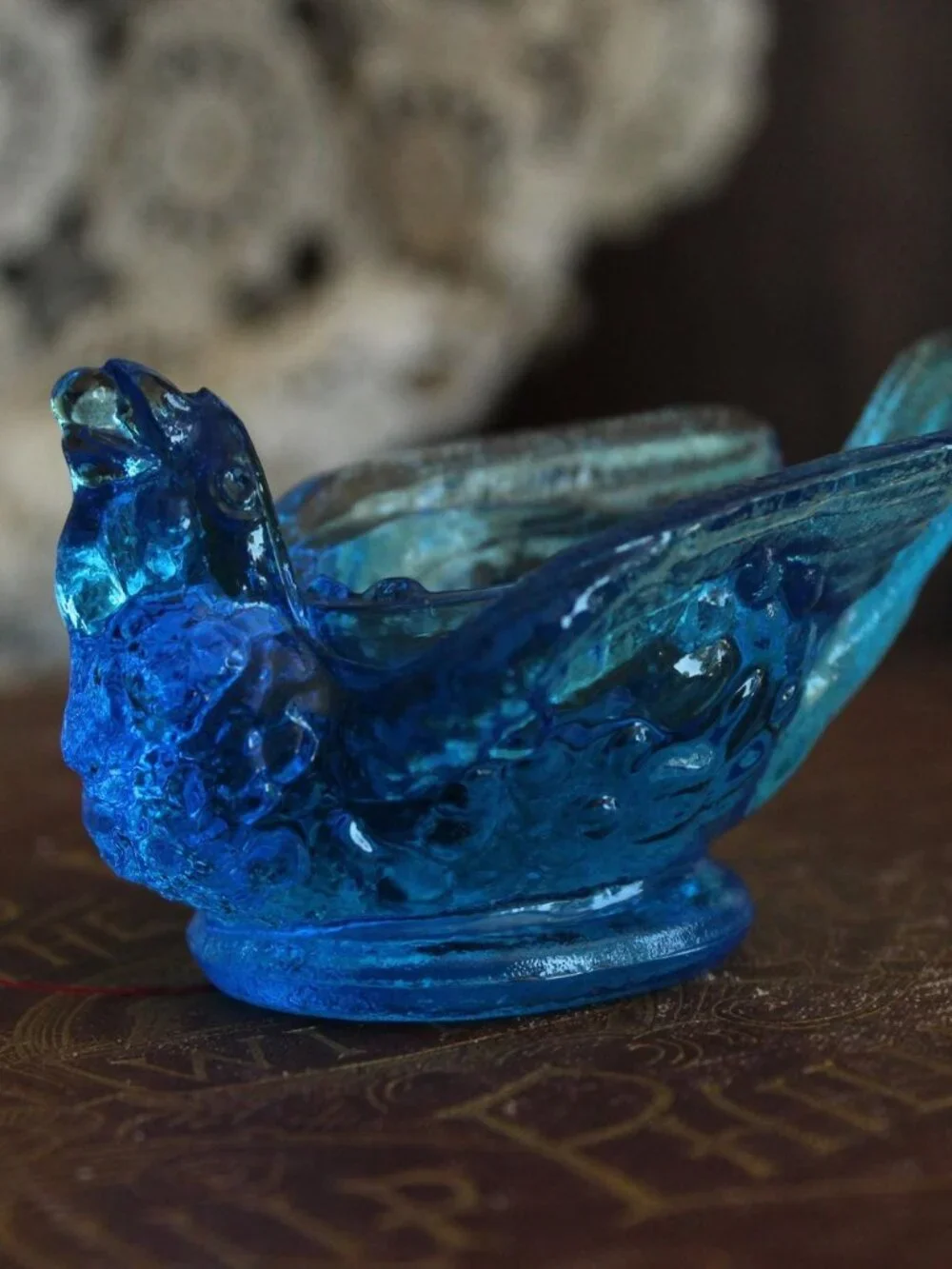 Vintage 1960s Salt Cellar, Kanawha Bermuda Blue Glass Bird with Berry